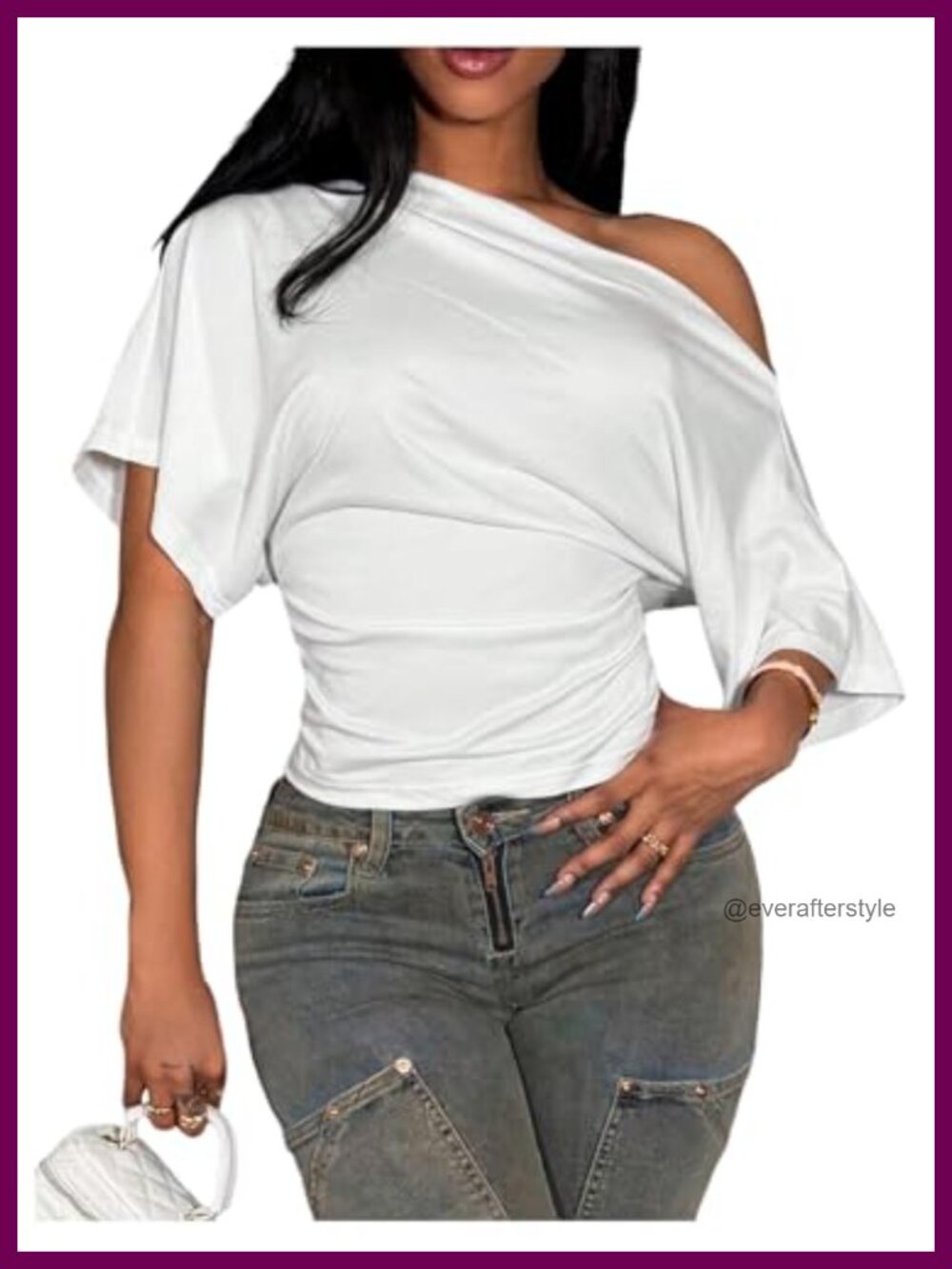 Off Shoulder Cinched Waist Crop Top Dolman Sleeve Asymmetrical Y2K